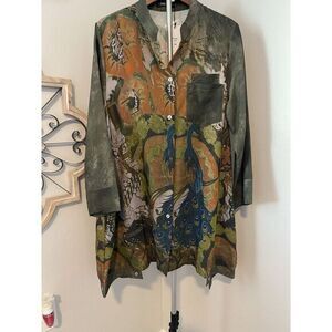 Bella Blue Button Up Tunic Shirt Womens S/M Green Multi Peacock Print